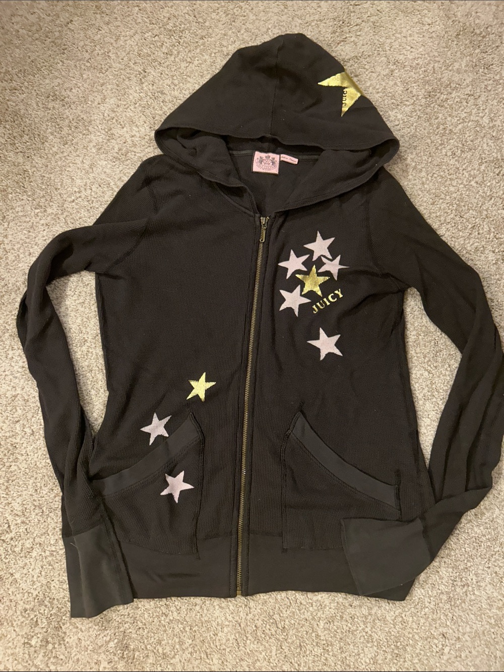 Vintage Juicy Couture Brown Hoodie with Pink and Yellow Stars. L.. Like new